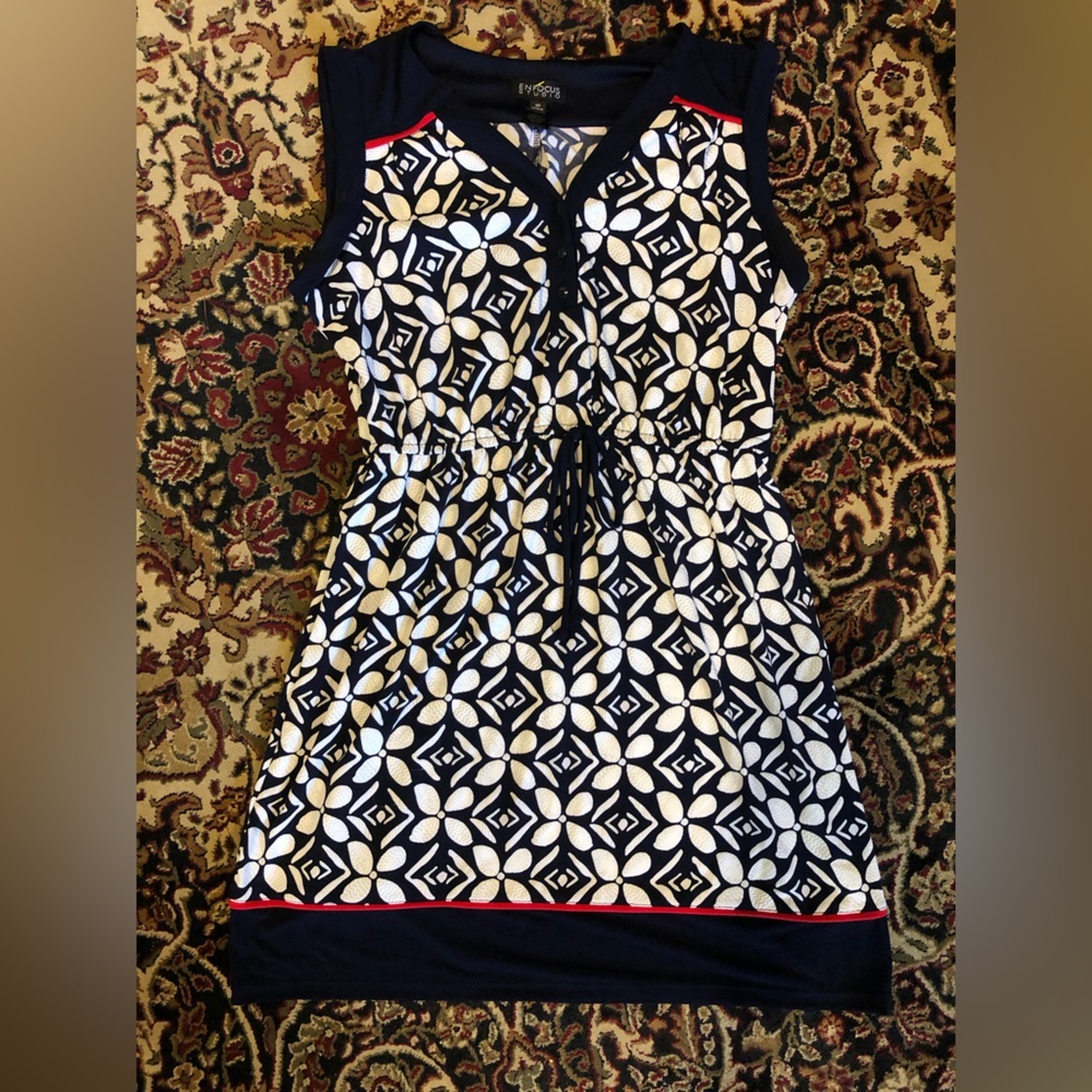 Navy and White Geometric Dress elastic waist 10